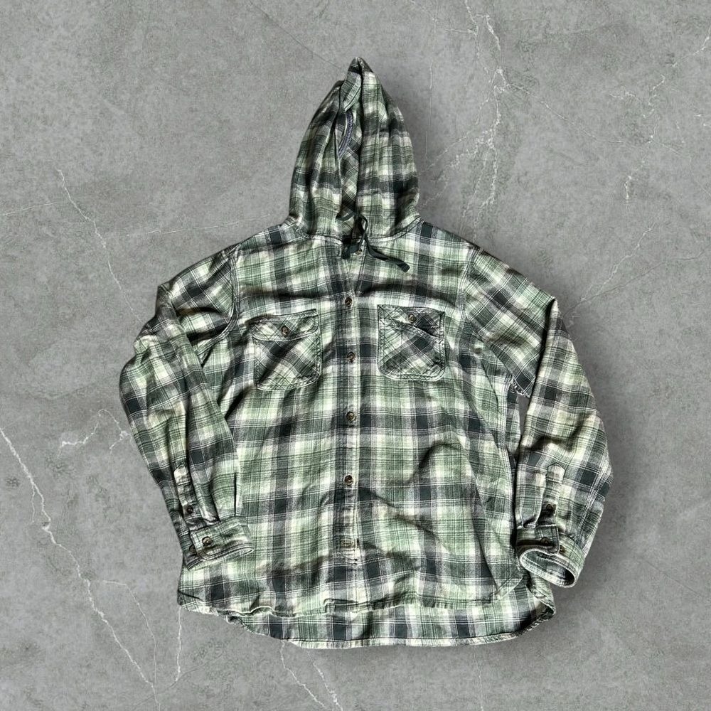 Carhartt Hooded Flannel Shirt Womens Medium Green Plaid Button Up 104517 G34